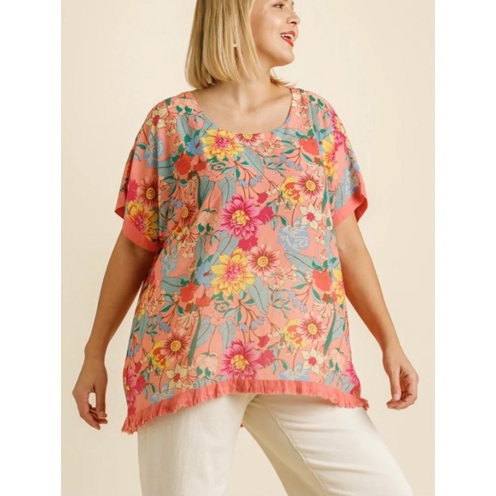 Umgee USA NWT L Floral Linen Blend Fringe Hem Tunic Top Boho Cottagecore Pink